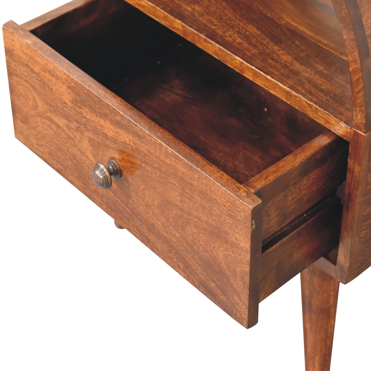 Chestnut dome bedside table drawer with rich warm wood finish and vintage-style metallic knob