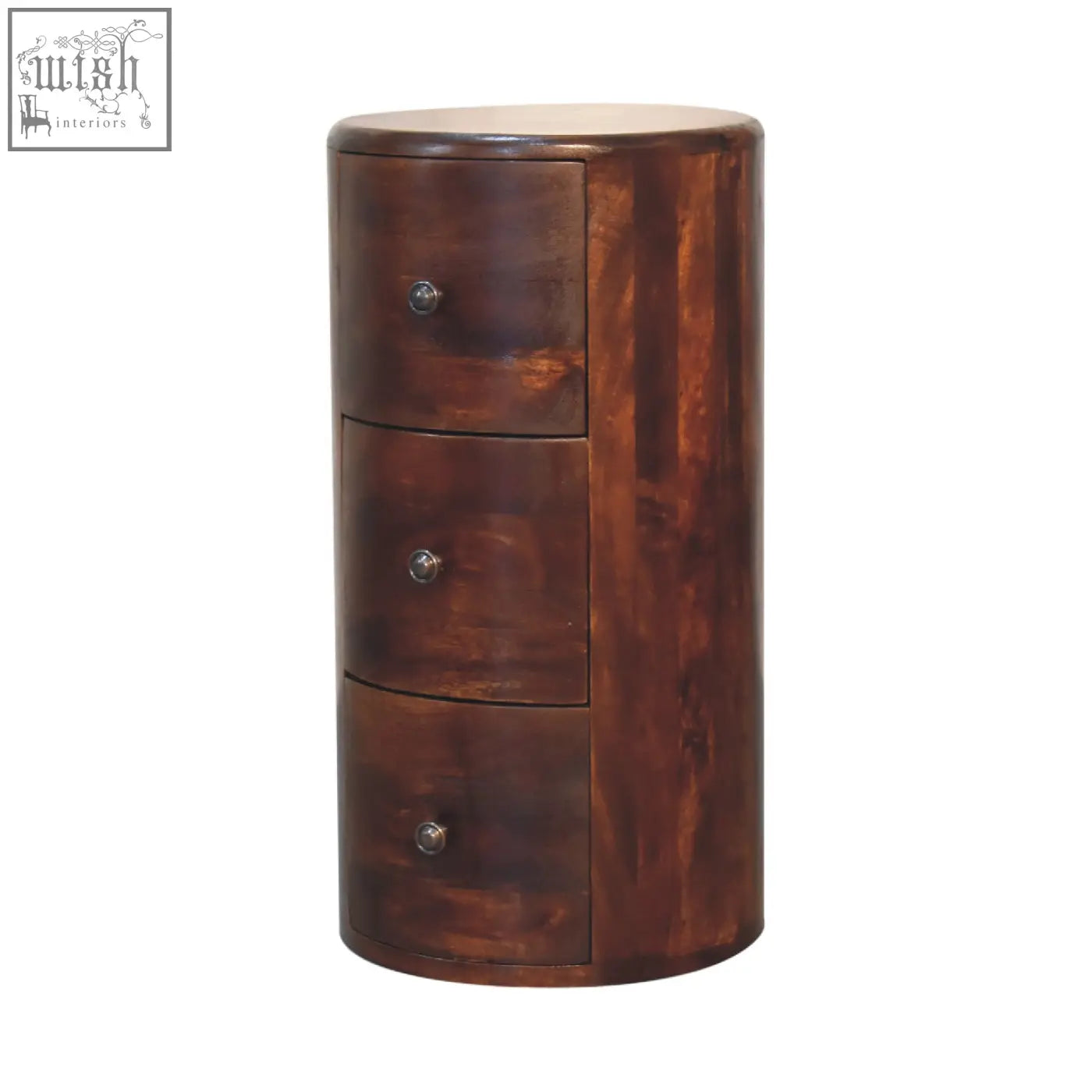 Chestnut drum storage bench with cylindrical wooden design, features three dark brown hand-finished drawers and silver knobs