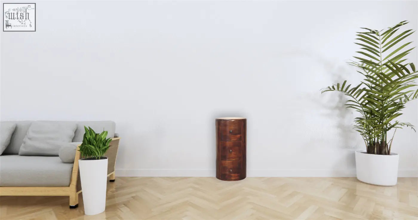 A chestnut drum storage bench made of dark brown wood with three drawers in a cylindrical drum storage design