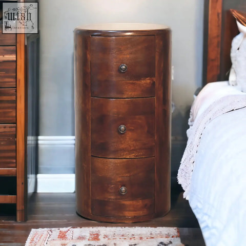 Cylindrical chestnut drum storage bench with three wooden drawers and round metallic knobs for storage