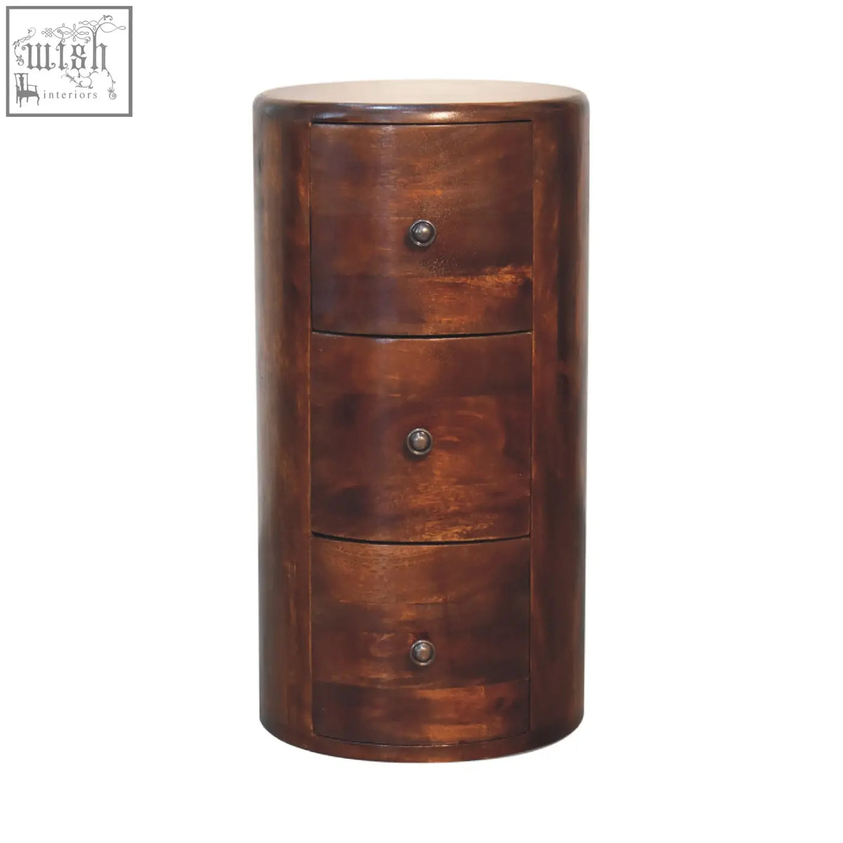 Chestnut drum storage bench with cylindrical wooden nightstand featuring three drawers and round metallic knobs in dark brown