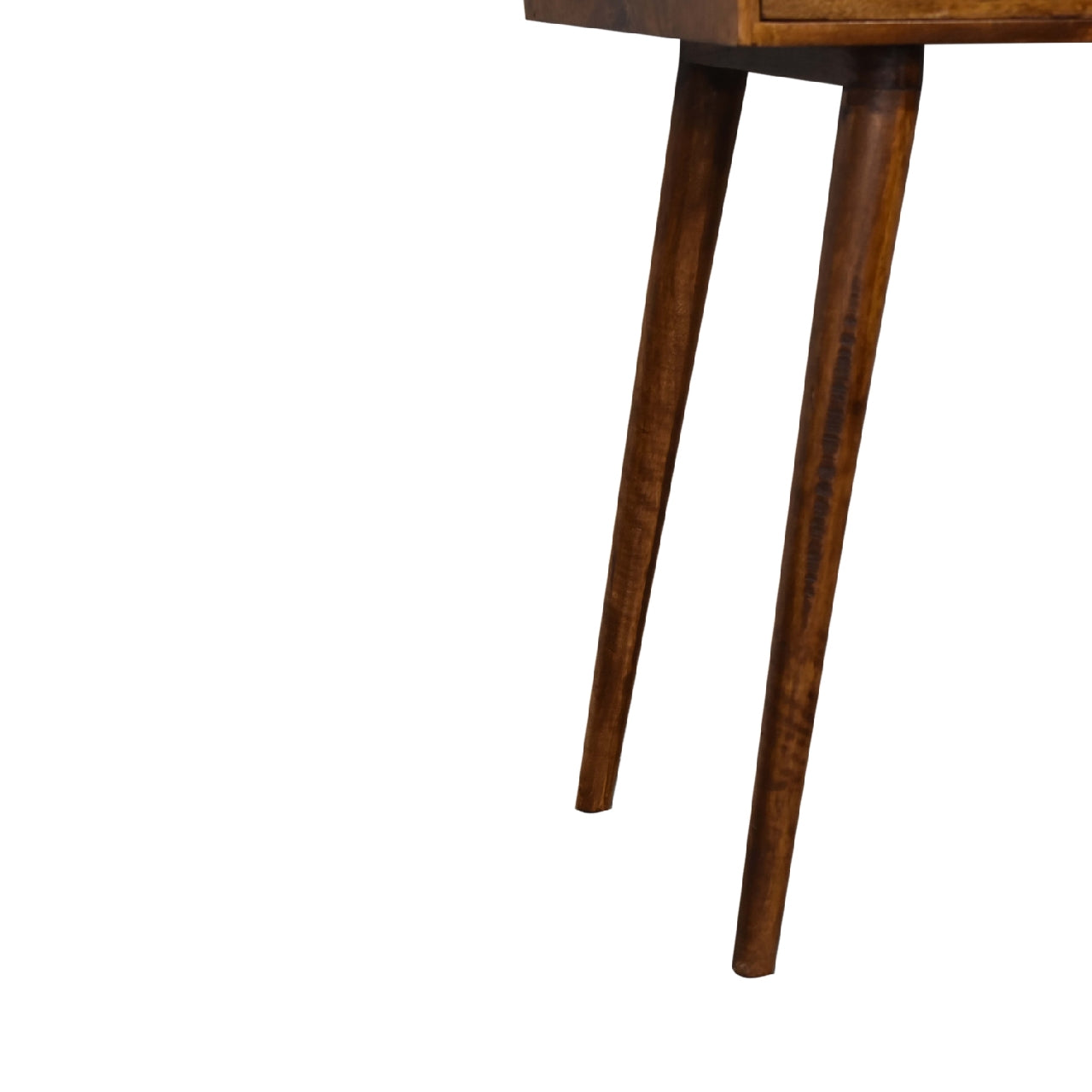 Dark brown tapered legs of chestnut foldable mirror table made of hand-painted mango wood