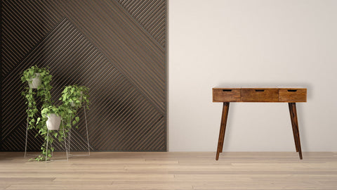 Minimalist chestnut foldable mirror table with three drawers and tapered legs made of hand-painted mango wood