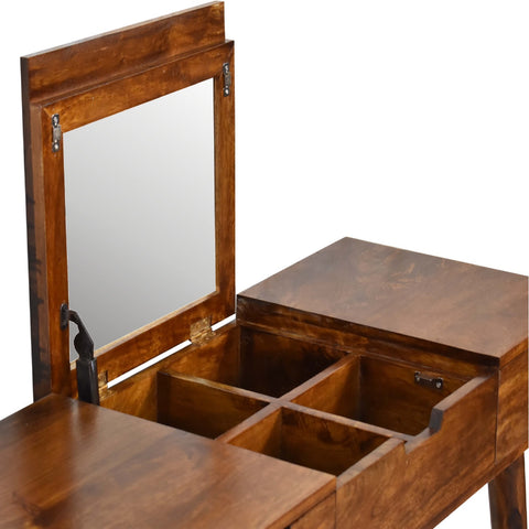 Chestnut foldable mirror table in dark brown hand-painted mango wood with hinged mirror lid and four storage compartments