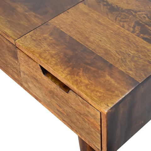 Chestnut foldable mirror table in hand-painted mango wood with a warm brown finish and visible grain patterns