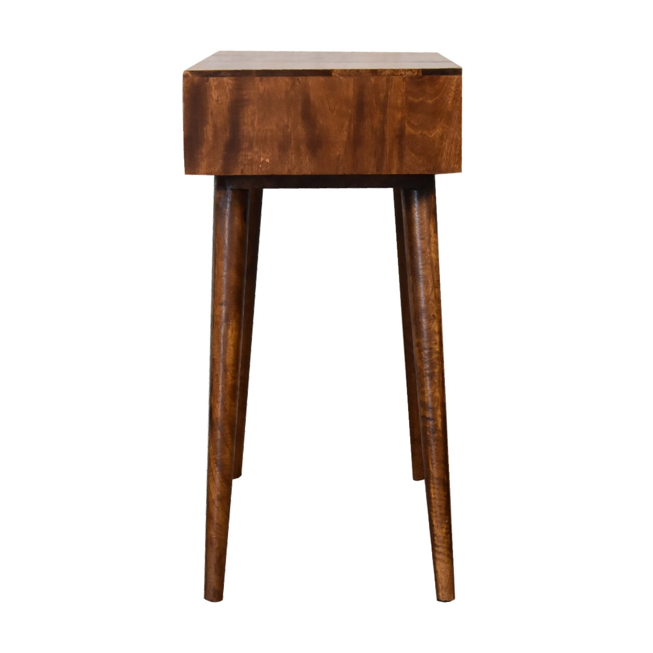 Chestnut foldable mirror table with sleek dark brown hand-painted mango wood and tapered legs for stylish storage