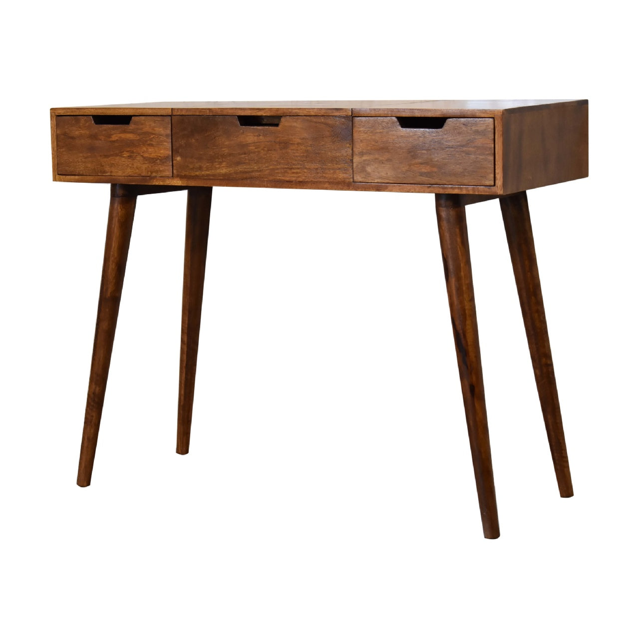 Chestnut foldable mirror table in sleek dark brown hand-painted mango wood with three drawers and tapered legs