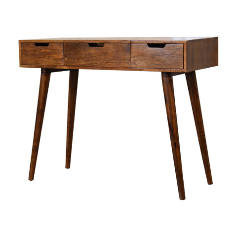 Chestnut foldable mirror table in sleek dark brown hand-painted mango wood with three drawers and tapered legs