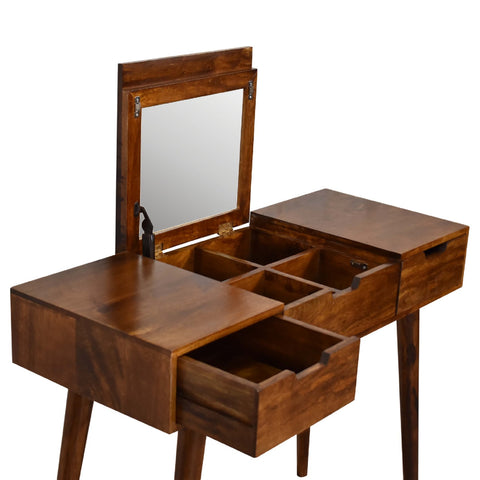 Chestnut foldable mirror table in dark brown hand-painted mango wood with multiple drawers for organized storage