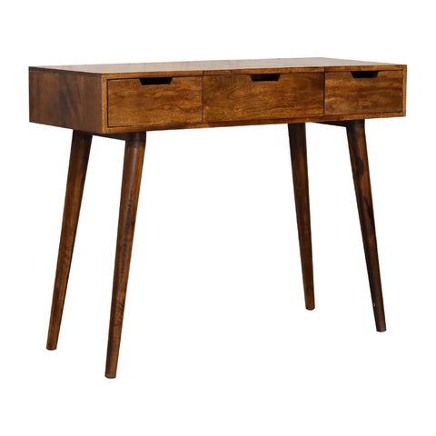 Chestnut foldable mirror table in rich walnut finish with three drawers and minimalist handles made of hand-painted mango wood
