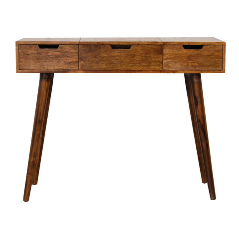 A sleek mid-century modern chestnut foldable mirror table made of hand-painted mango wood with three drawers and tapered legs