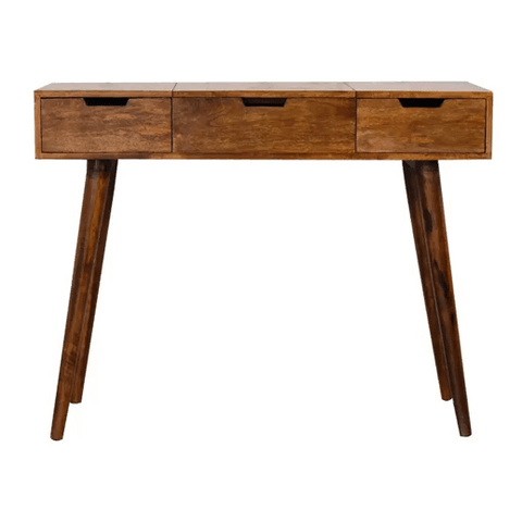 A sleek chestnut foldable mirror table with three drawers and tapered legs made of hand painted mango wood