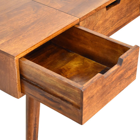 A warm medium brown mango wood foldable mirror table with smooth finish and visible grain patterns