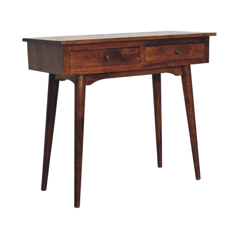 Dark brown wooden chestnut hallway console table with two drawers and tapered legs for entryway storage