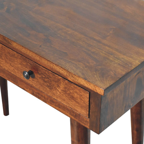 Dark brown wooden chestnut hallway console table with single drawer and black round knob for hallway storage
