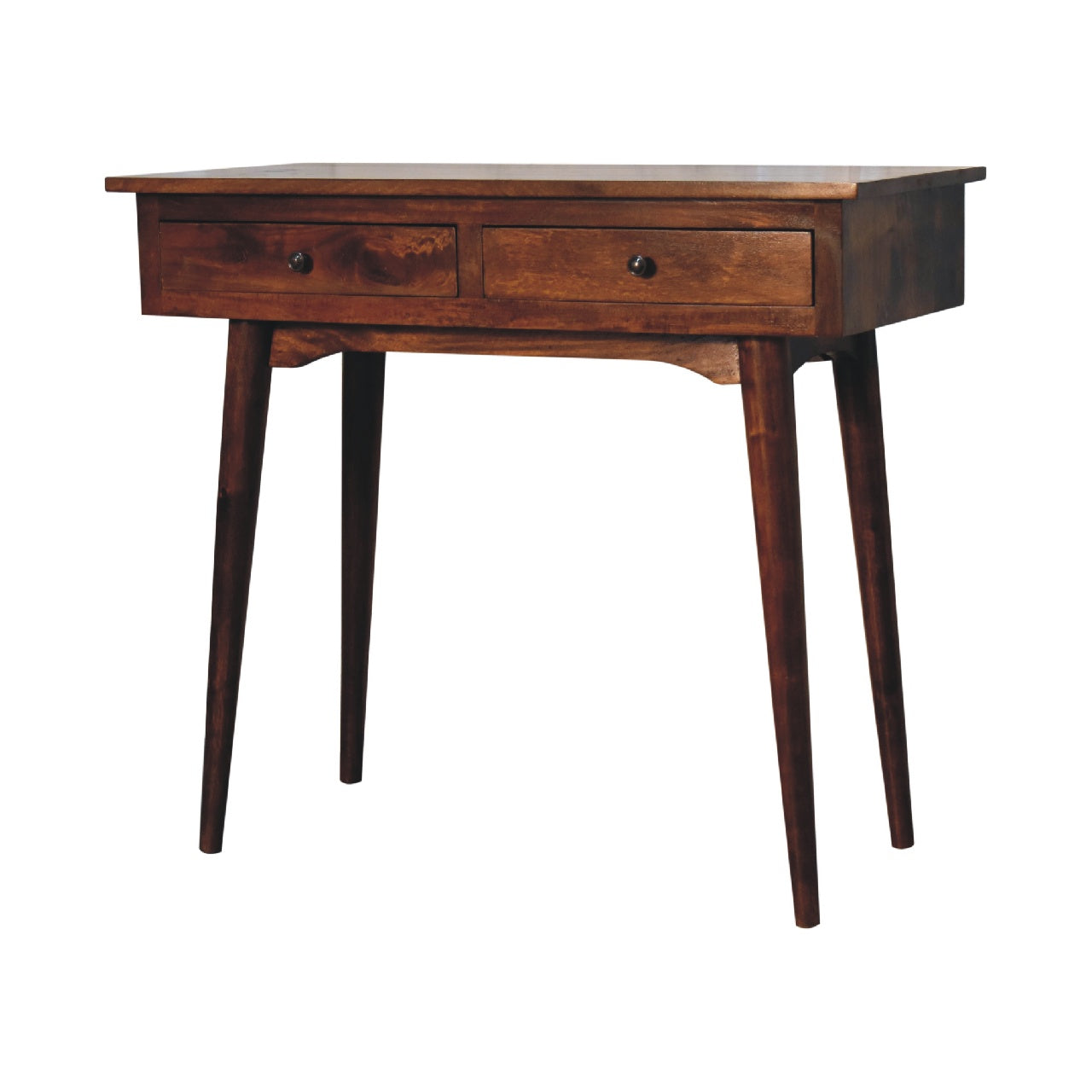 Dark wood chestnut hallway console table with two drawers and tapered legs for stylish storage and entryway use