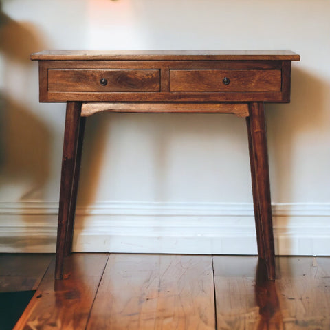 Chestnut hallway 2 drawer console table in rustic dark wood with tapered legs and two functional drawers