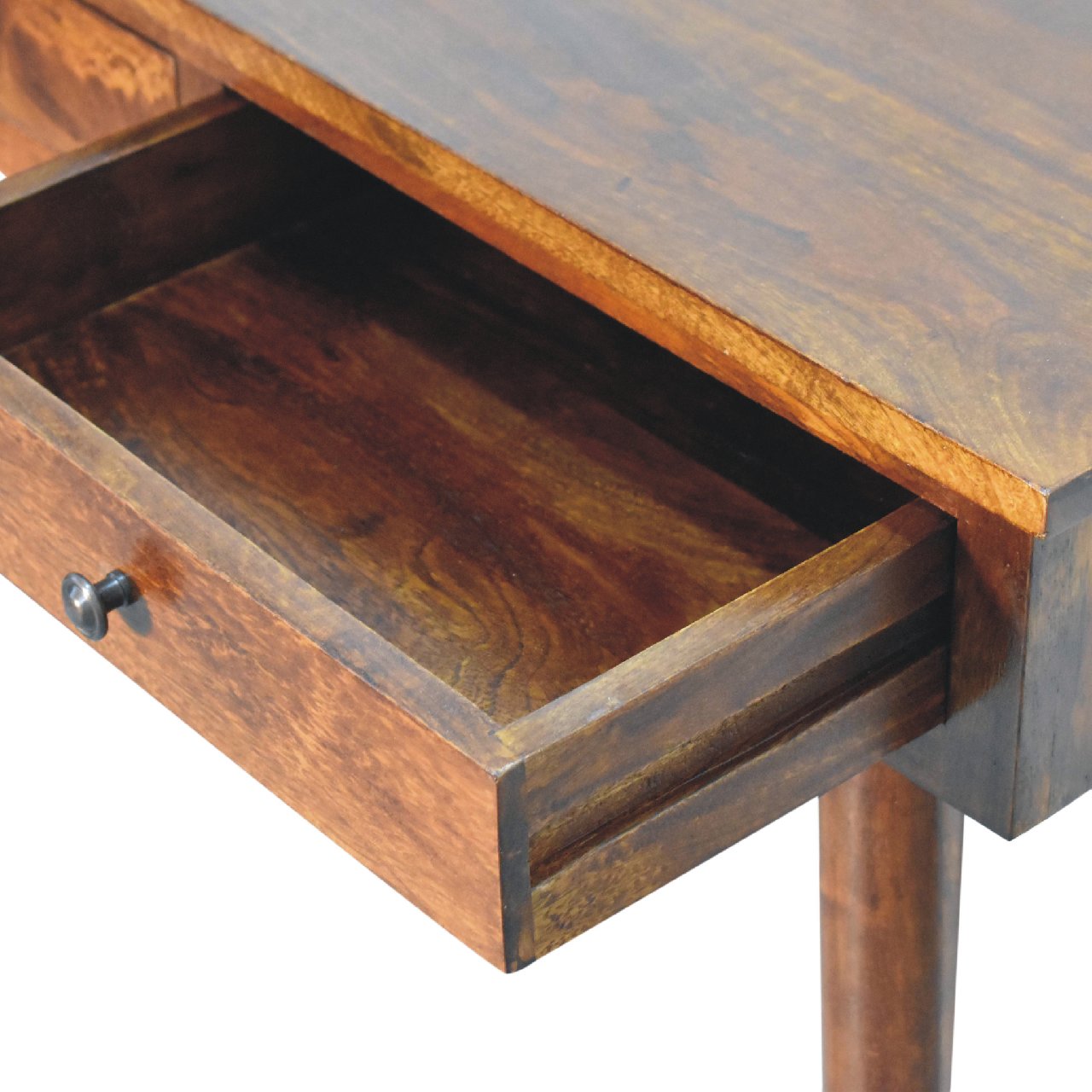 Rustic wooden chestnut hallway console table with two drawers and dark metal knobs perfect for entryway storage