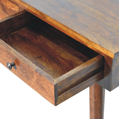 Rustic wooden chestnut hallway console table with two drawers and dark metal knobs perfect for entryway storage