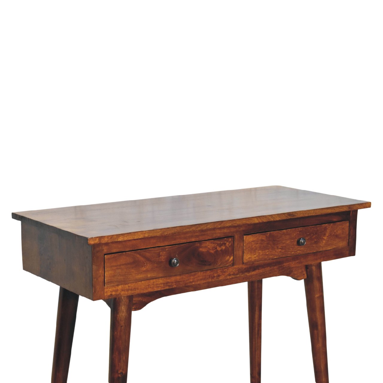 Rustic chestnut hallway console table with two drawers dark brown wood and metal knobs for storage and decor
