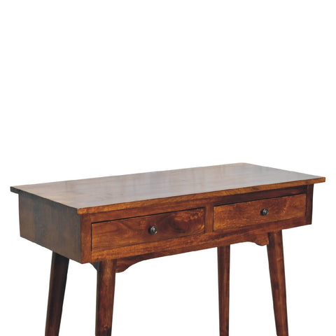 Rustic chestnut hallway console table with two drawers dark brown wood and metal knobs for storage and decor