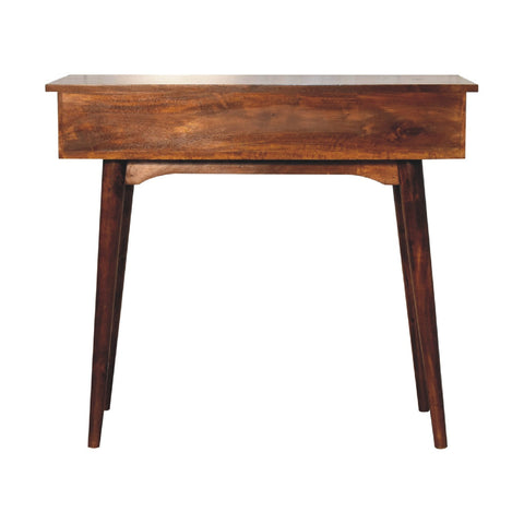 A sleek dark brown wooden chestnut hallway console table with two drawers and tapered legs perfect for entryways