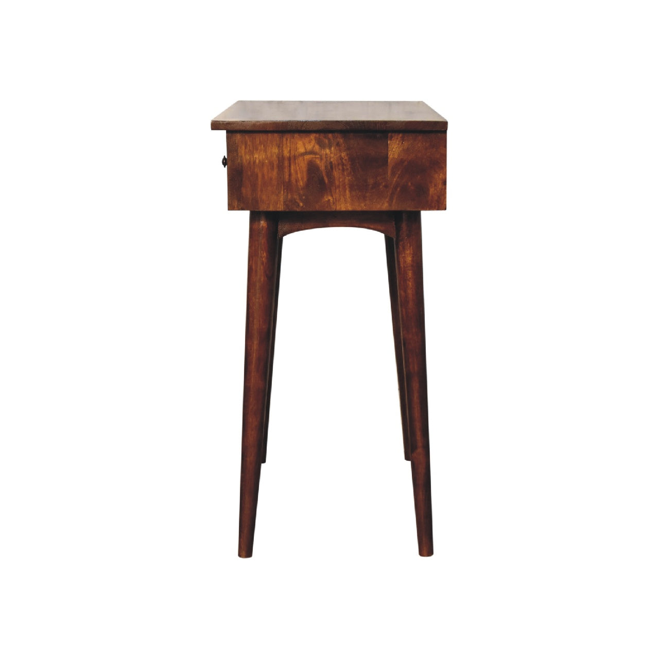 Chestnut hallway 2 drawer console table made of dark brown wood with a single drawer and tapered legs