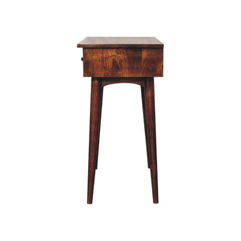 Chestnut hallway 2 drawer console table made of dark brown wood with a single drawer and tapered legs