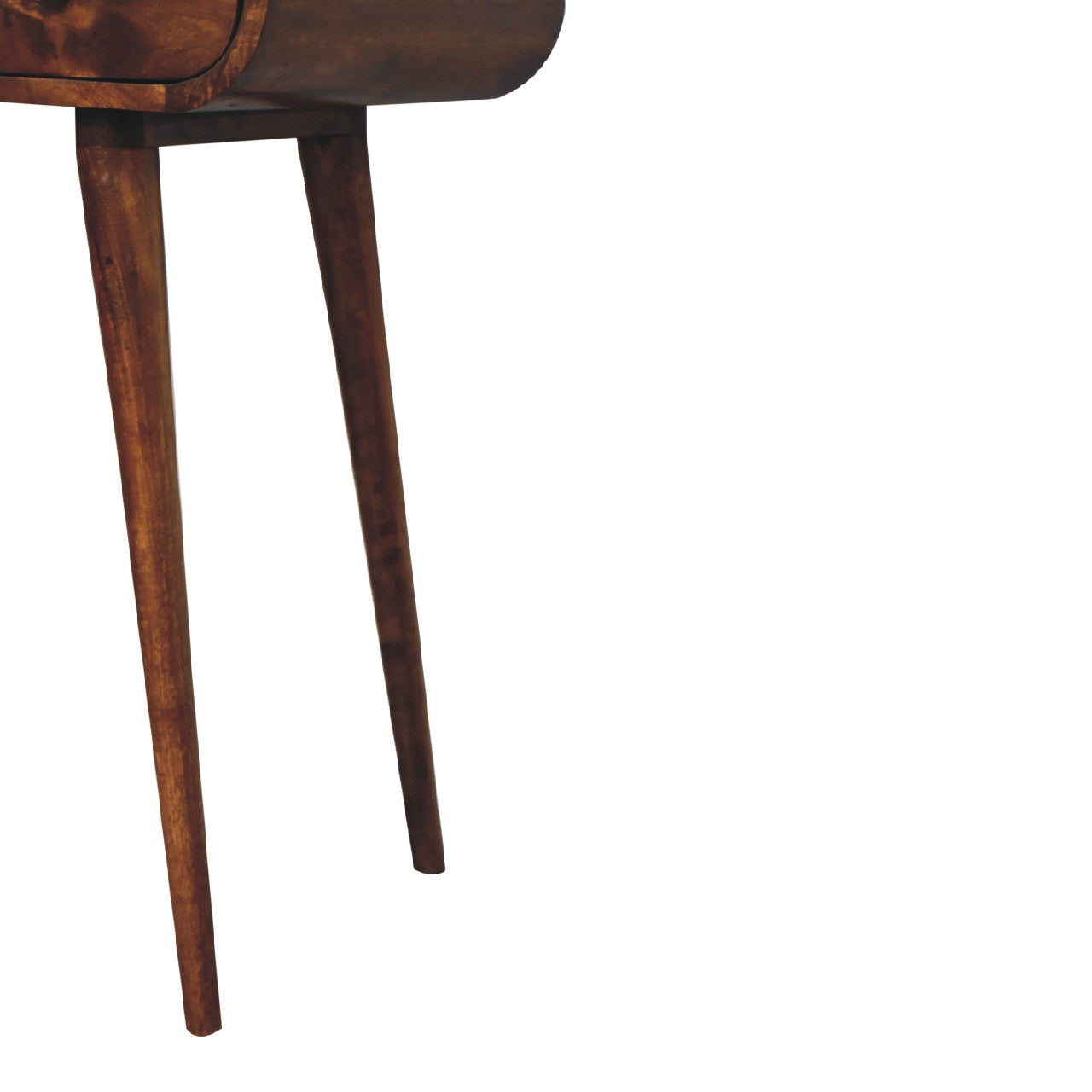Dark brown wooden side table with tapered legs and a curved top featured in the chestnut mirror collection