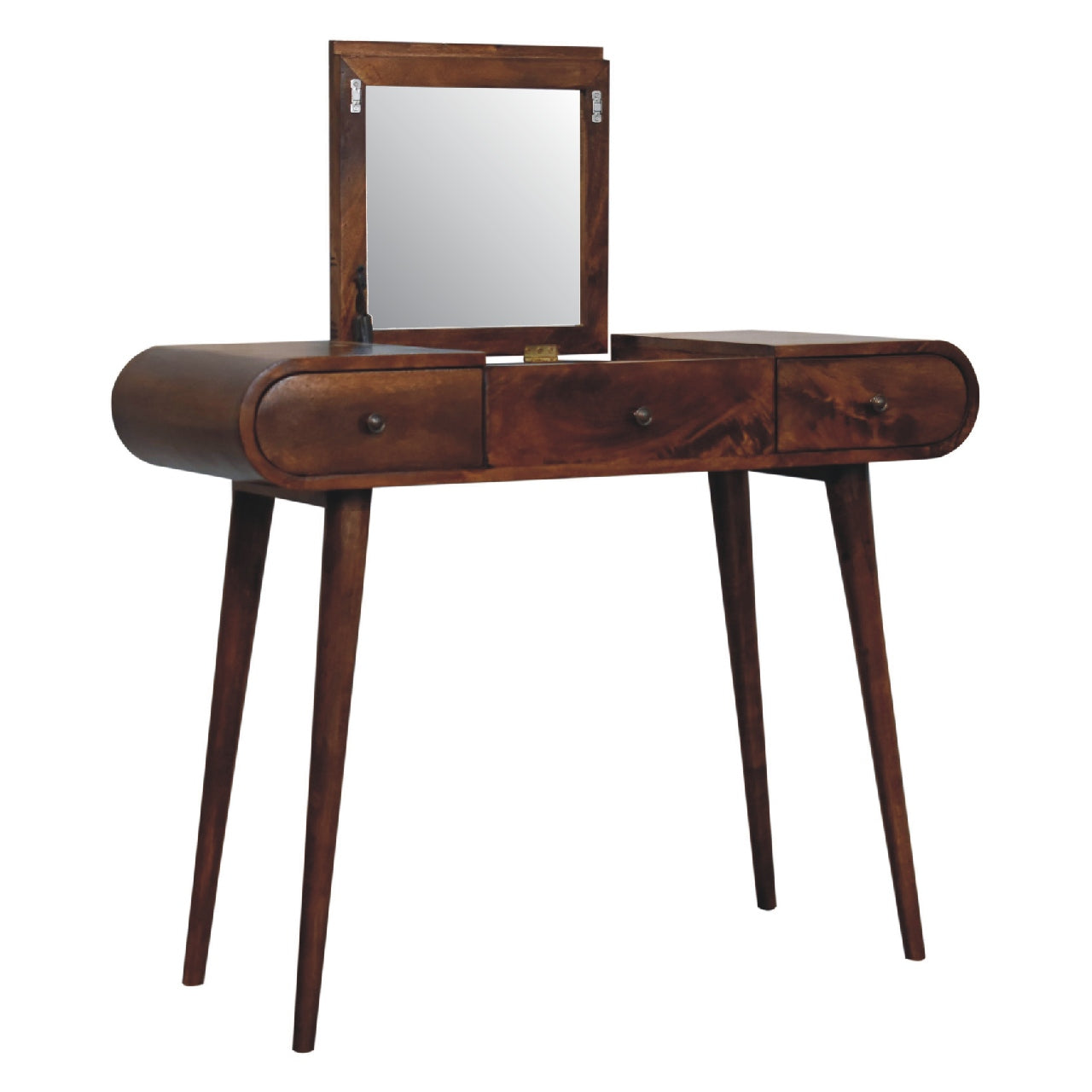 Dark wood chestnut mirror vanity table with rectangular mirror and three drawers featuring round knobs