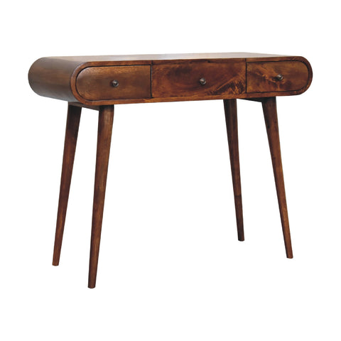 Mid-century modern chestnut mirror wooden console table with three drawers and tapered legs for stylish storage