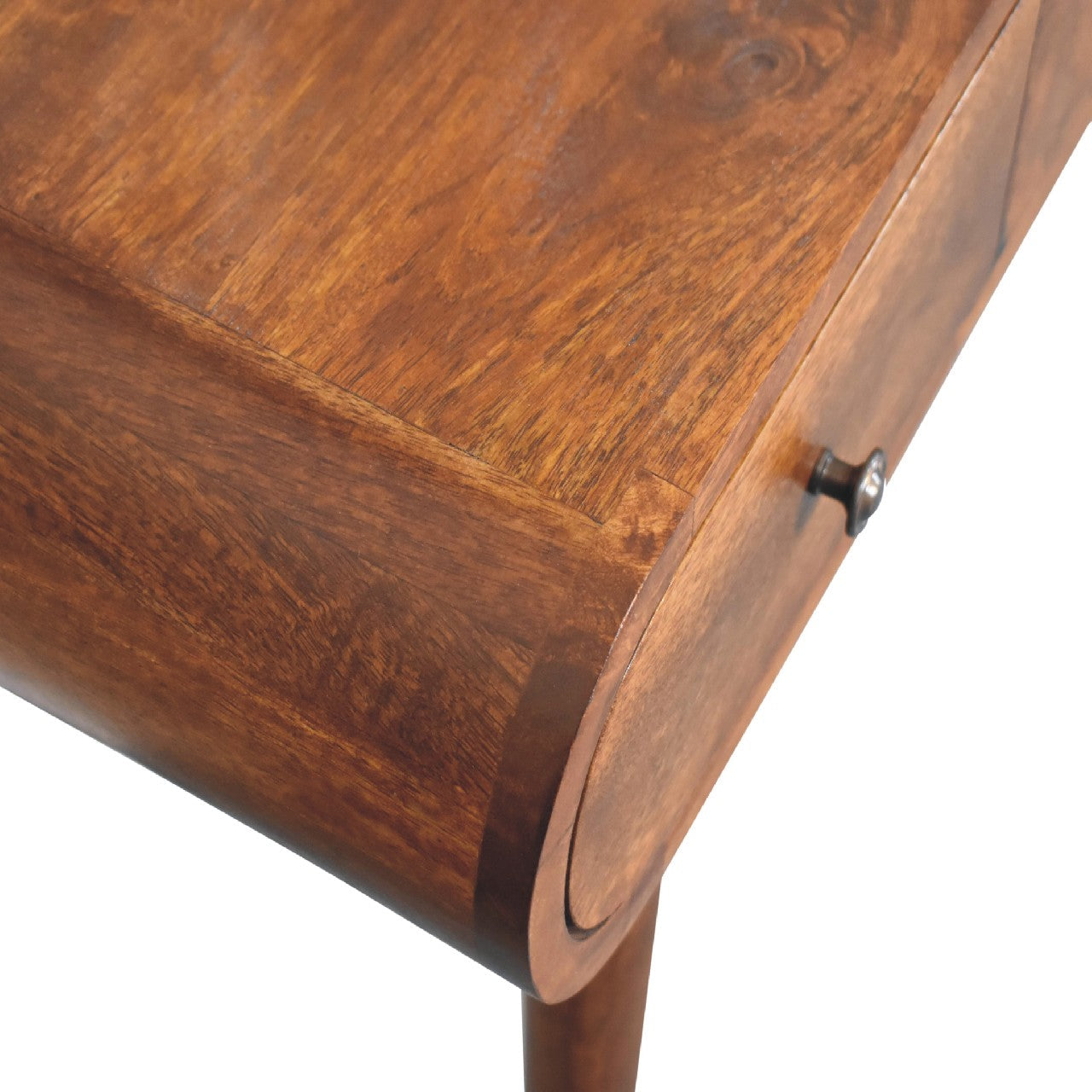 Chestnut mirror wooden desk with rich brown finish curved drawer front and dark metal knob for stylish storage