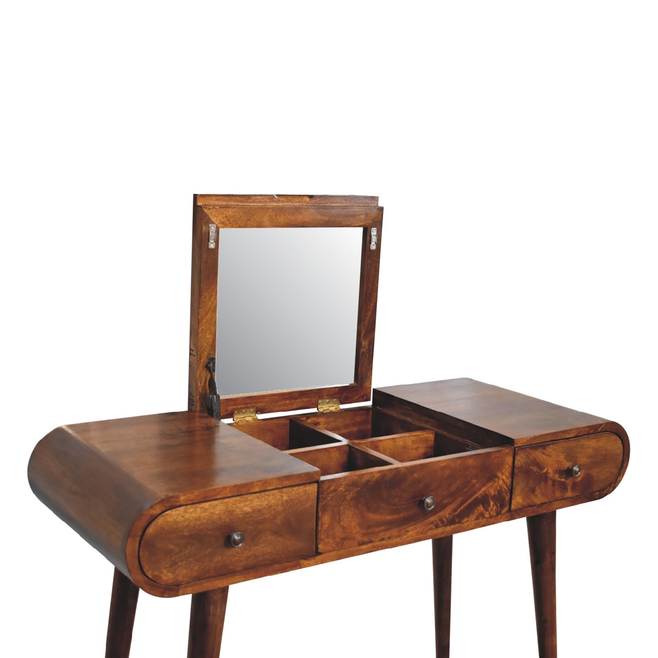 Chestnut mirror warm-toned wooden vanity table with hinged mirror and three drawers for makeup and grooming