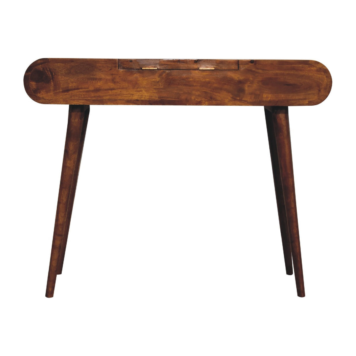 Chestnut mirror console table in sleek dark brown wood with rounded top and tapered legs for stylish storage
