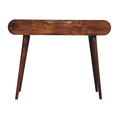 Chestnut mirror console table in sleek dark brown wood with rounded top and tapered legs for stylish storage