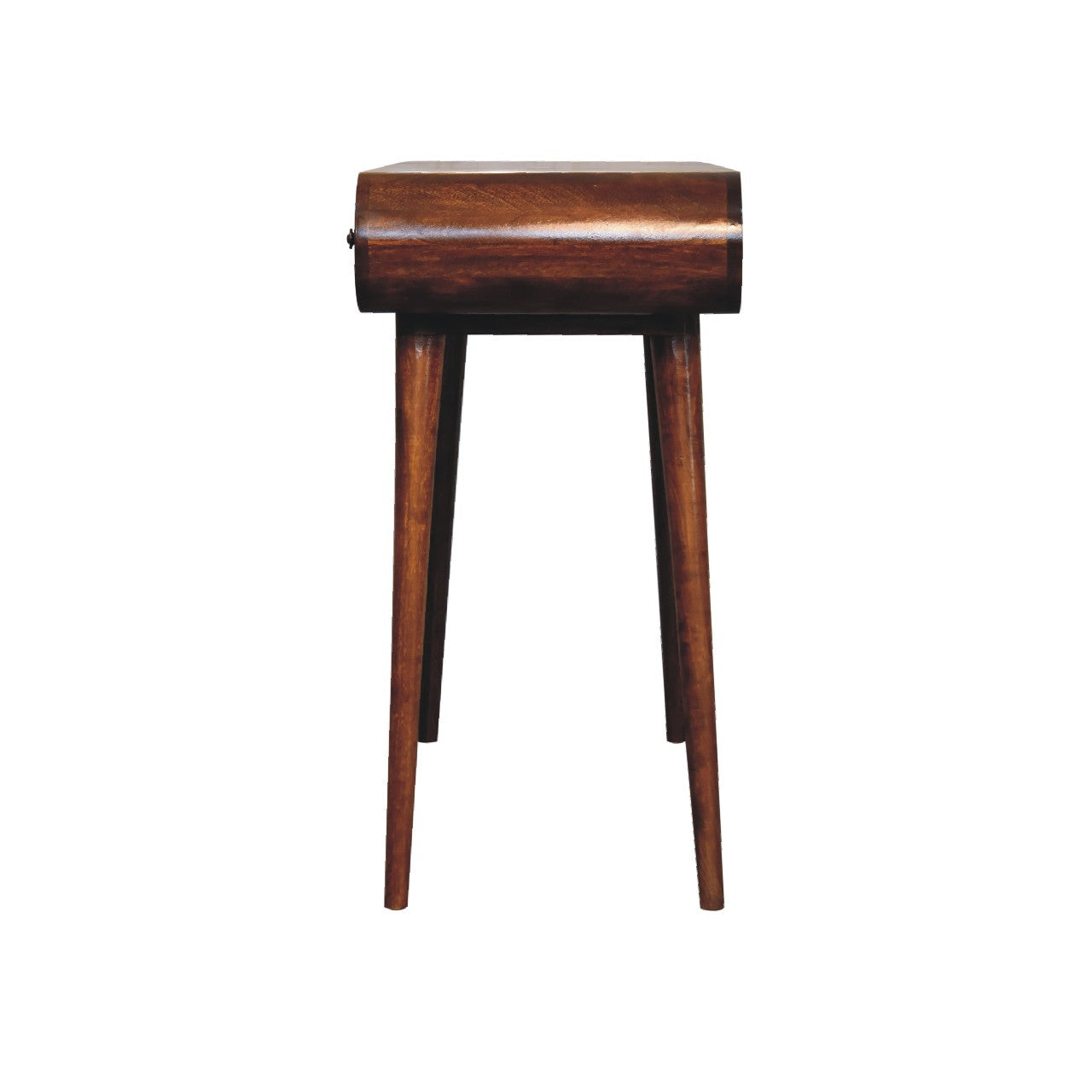 A sleek dark brown wooden side table with a curved top and tapered legs called chestnut mirror