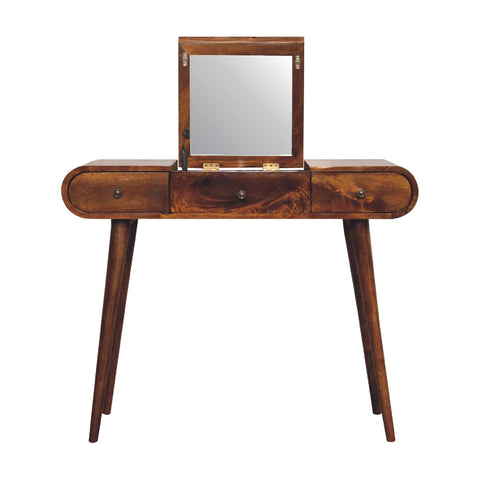 Chestnut mirror dark brown wooden vanity table with central mirror and three drawers for bedroom use