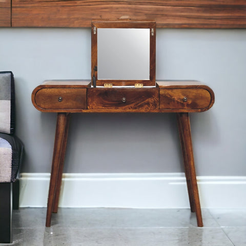 A sleek chestnut mirror vanity table in dark wood with a rectangular mirror and three drawers with round metal knobs