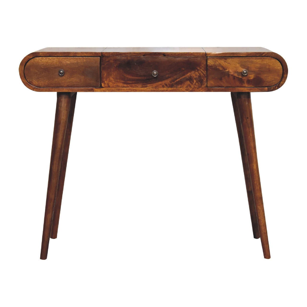 A sleek mid-century modern chestnut mirror console table with rich brown wood finish and three curved drawers with silver knobs