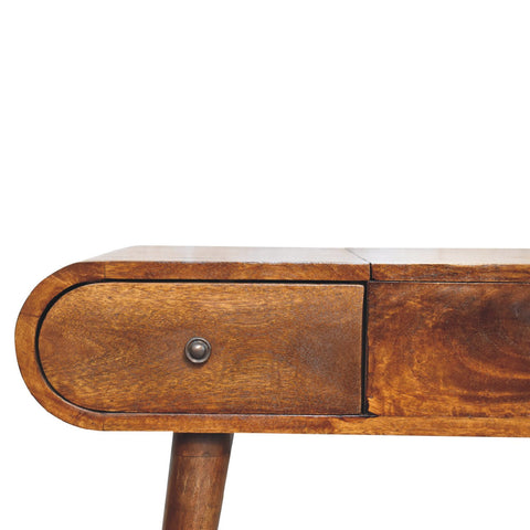 Chestnut mirror wooden desk with warm rich grain curved drawer front and small round metal knob