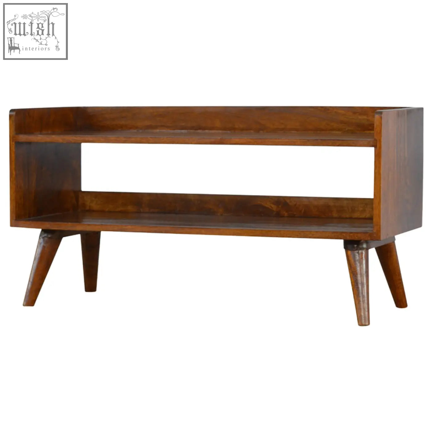 Chestnut nordic storage bench with mid-century modern wooden console table featuring two open shelves and nordic style legs