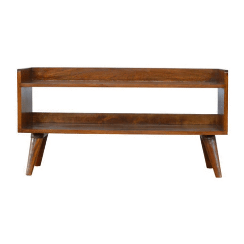 Chestnut nordic storage bench with warm brown mid-century modern wooden coffee table style and nordic style legs