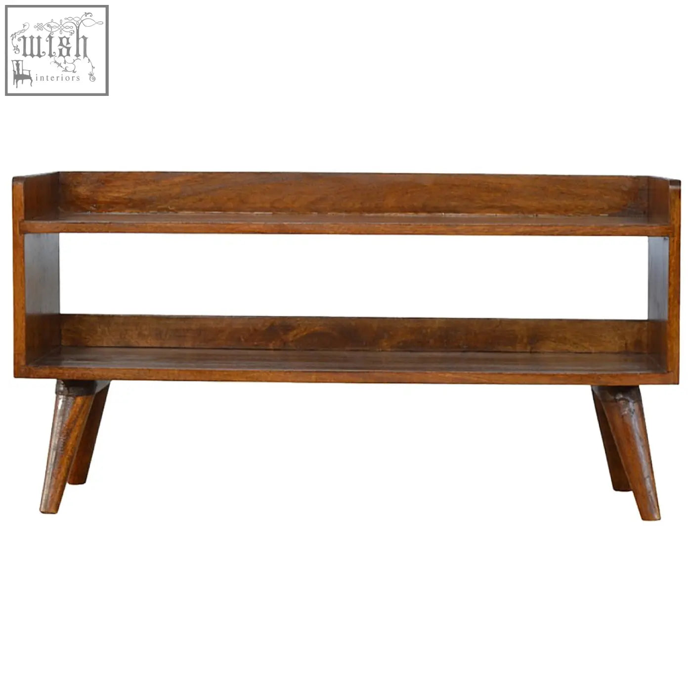 Chestnut nordic storage bench with rustic wooden console table, warm brown finish, two open shelves, nordic style legs