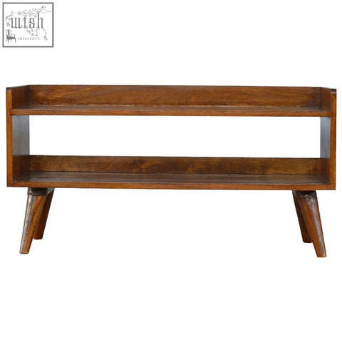 Chestnut nordic storage bench with rustic wooden console table, warm brown finish, two open shelves, nordic style legs