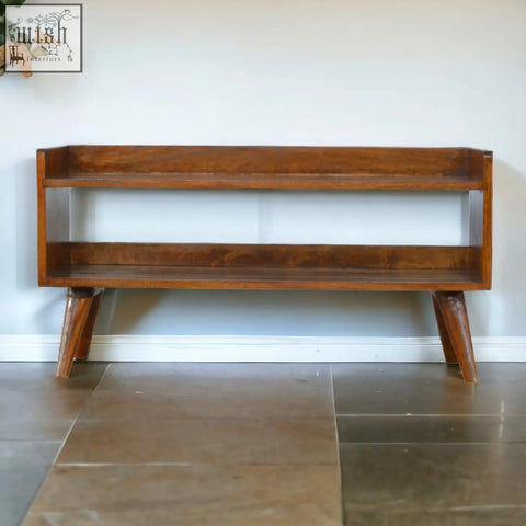 A chestnut nordic storage bench with hidden storage featuring a sleek two-tiered wooden console with nordic style legs