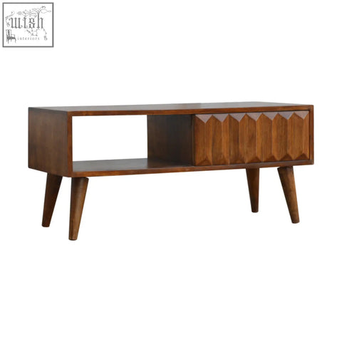 Mid-century modern chestnut prism sliding chest of drawers with geometric paneling and solid mango wood in rich brown finish