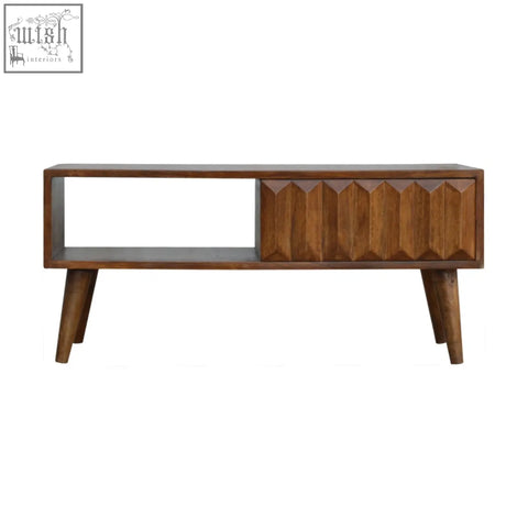 Mid-century modern coffee table with chestnut prism sliding door, solid mango wood, rich brown finish, and tapered legs
