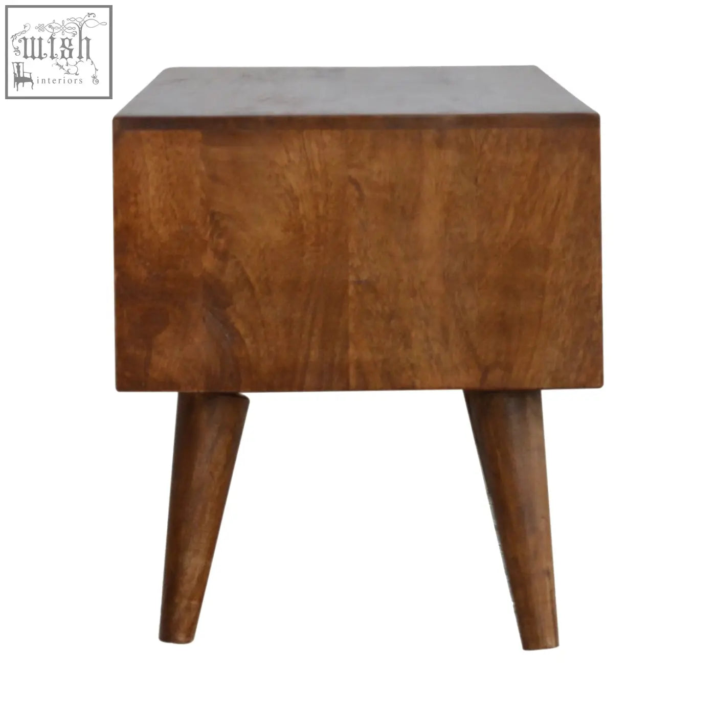 A sleek chestnut prism sliding chest of drawers with solid mango wood and warm brown finish tapered legs