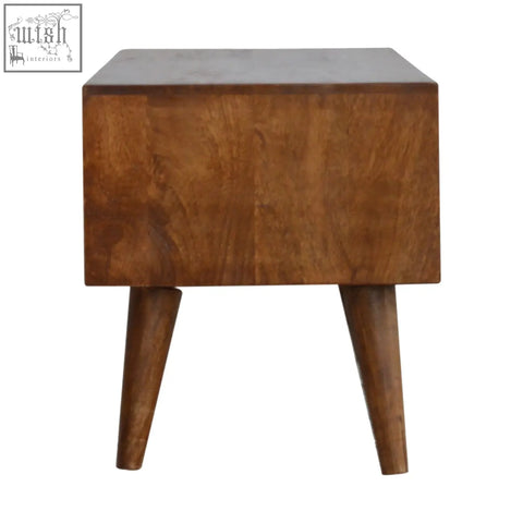 A sleek chestnut prism sliding chest of drawers with solid mango wood and warm brown finish tapered legs