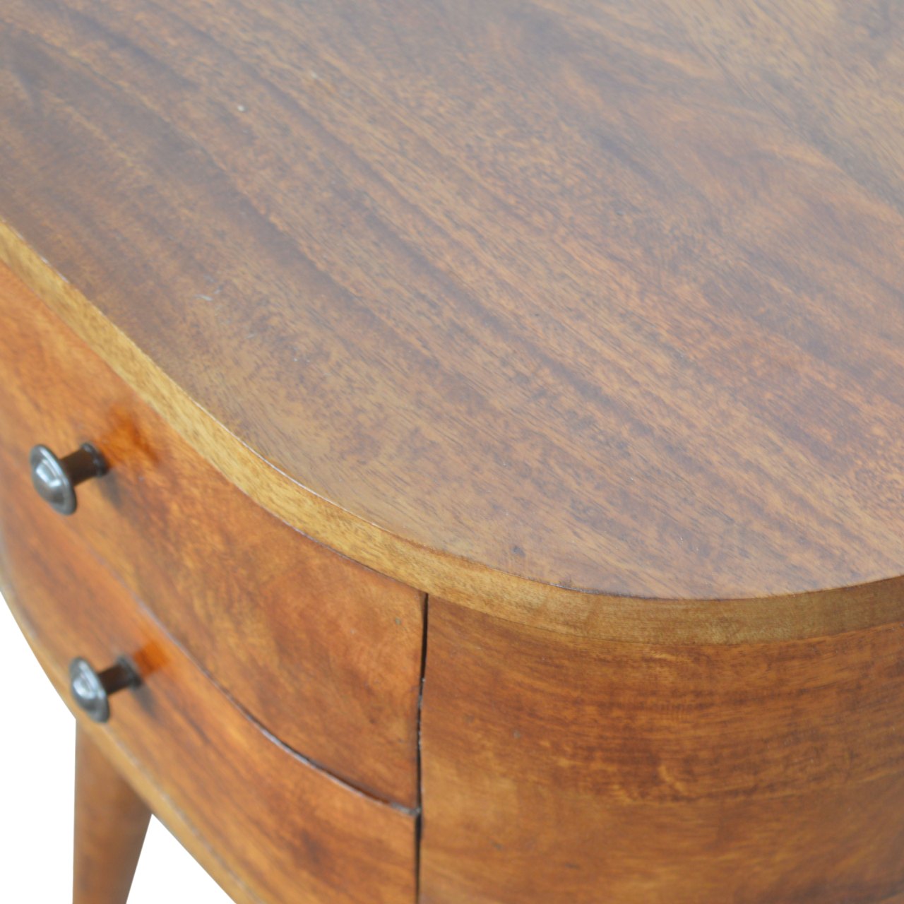 Antique-style chestnut rounded bedside table with warm chestnut finish and curved drawers with dark metal knobs